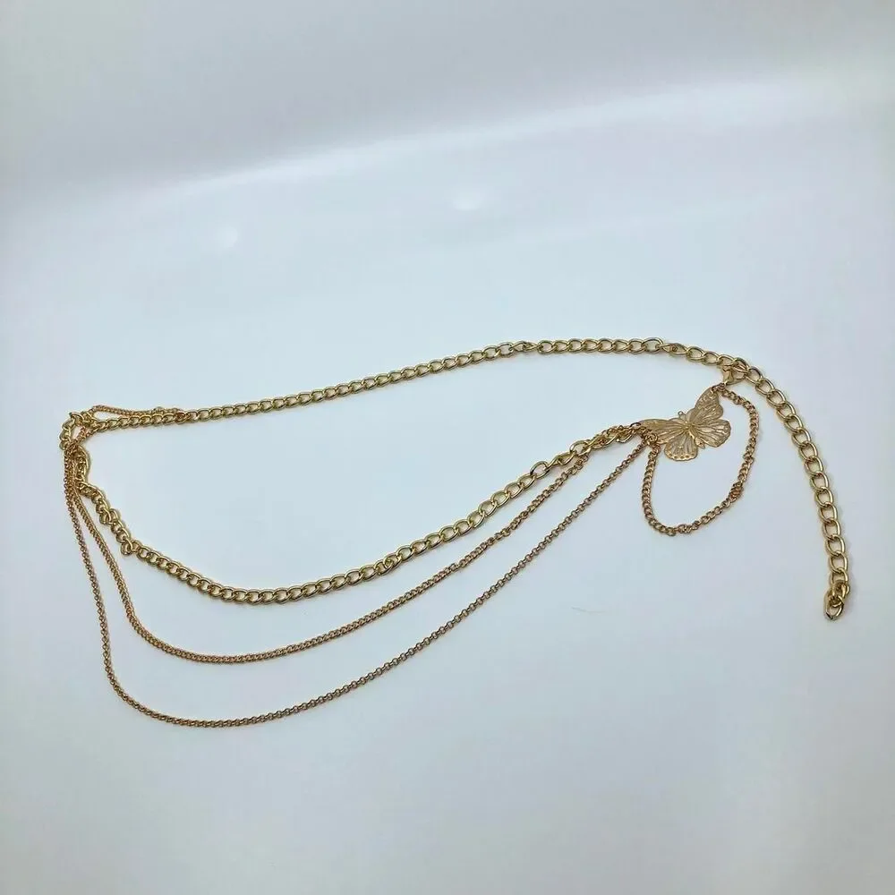 Women's Gold Butterfly Layered Chain Belt, 37 Inches, X7G9A1047